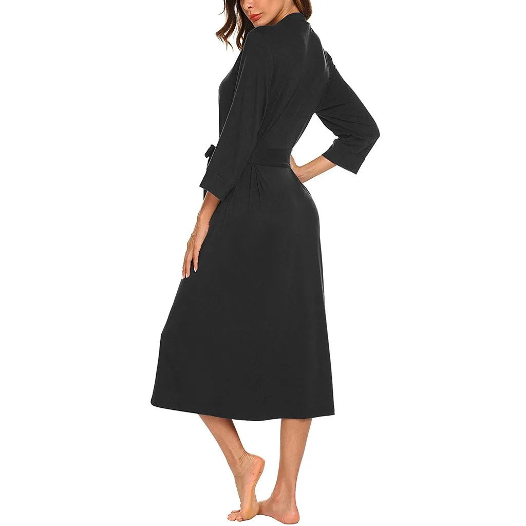 Women's Solid Cotton blends 4/3 Sleeve V-neck Lightweight With Belt Pocket Long Robe Bathrobe Sleepwear Roupão de cor sólida #E |