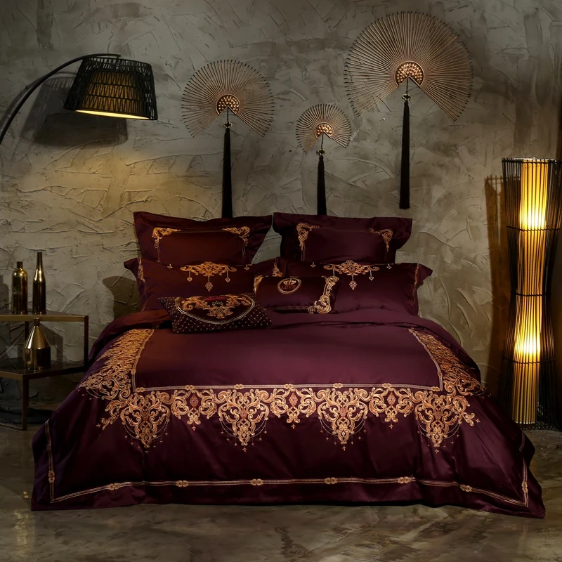 

Purple Red Luxury Oriental Embroidery Egyptian Cotton Royal Bedding Set Queen King size Bed Duvet cover Bed sheet set pillowcase