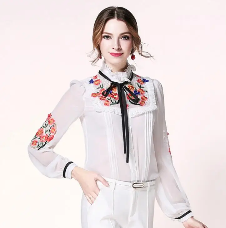 

Women's Elegant spring autumn casual long sleeve white silk shirt tops lady's vintage embroidery blouse Tees TB563