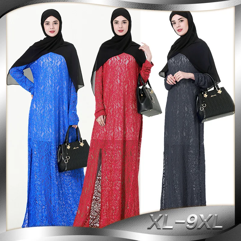 

Women Muslim Lace Dress O Neck Long Sleeve Split Women Robe Abaya Dubai Dress 9XL Plus Size Islamic Dress
