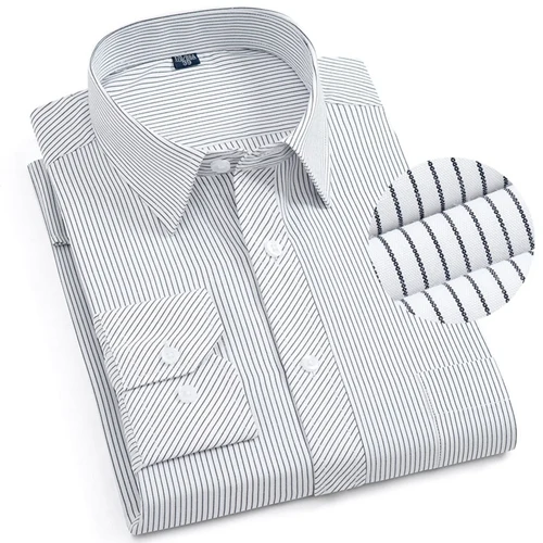 Black Stripe Рубашка в полоску для мужчин среднего возраста; большие размеры 6XL 5XL 4XL; Высококачественная рубашка с длинными рукавами для зрелых мужчин; элегантные нежелезные Формальные Рубашки - Цвет: Black Stripe