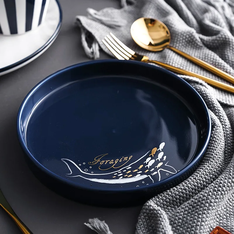 Скандинавская Золотая керамическая тарелка голубая для завтрака салата милый