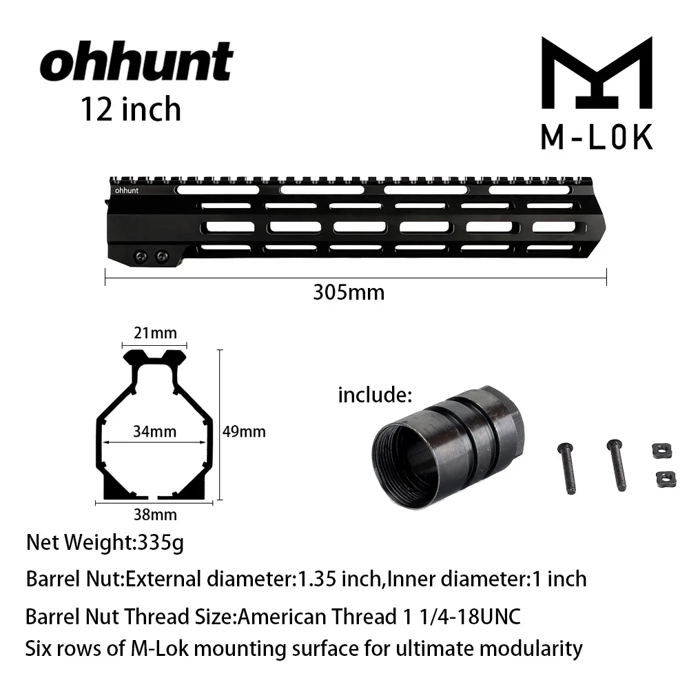 12 Inch Ohhunt тактический AR15 поплавок M-LOK Handguard " 9" 1" 12" 13," 15" 1" Пикатинни со стальной бочкой гайка для прицела - Цвет: 12 Inch