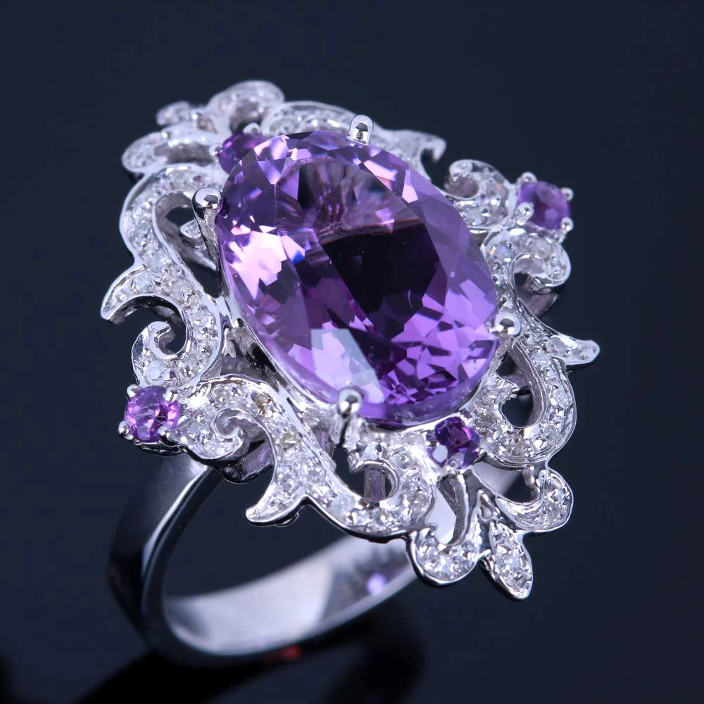 HELON 925 Sterling Silver Oval 4.54ct 100% Genuine Natural Amethyst Diamonds Ring Engagement Women Special Flowers Fine Jewelry | Украшения