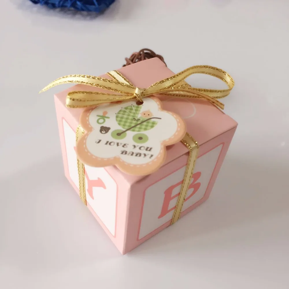 50pcs/pack DIY Pink Blue Lovely Shower Baby Candy Box Letter BABY Printed Gift Golden Ribbon Card for Kids Party Christmas|cards kids|card cardcard