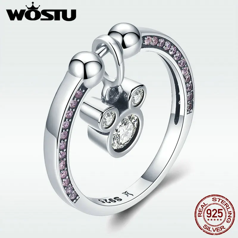 WOSTU Настоящее серебро 925 пробы милое ослепительное кольцо на палец с мышкой и