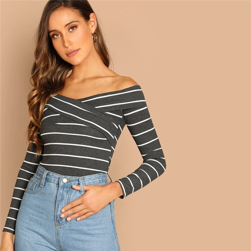 SHEIN Футболка В Полоску С Открытыми Плечами Облегающий Топ Женский Осенний Элегантный Топ С Длинными Рукавами