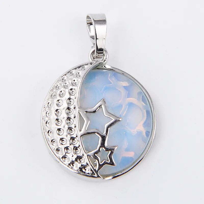 opal Натуральный камень Lapis Tiger Turquoises опал розовый кварцевый кристалл Unakite Звезда Луна инкрустированный медный металлический полый диск подвеска-бусы - Окраска металла: opal