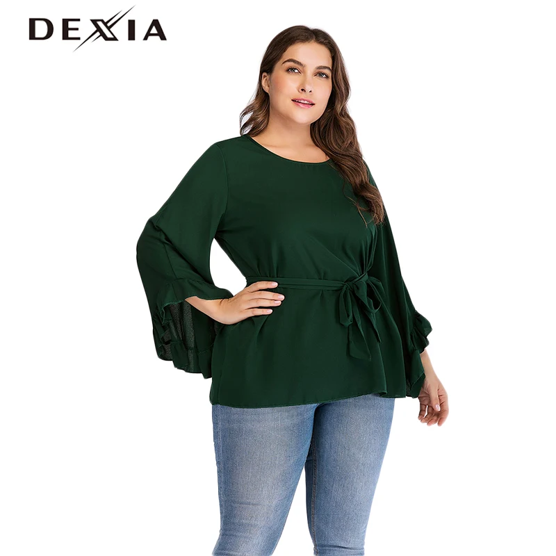 DEXIA плюс Размеры 3XL 4XL зеленый блузка Для женщин длинными расклешенными рукавами