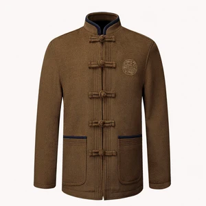 Мужская куртка с длинным рукавом, традиционный китайский костюм Тан, шерстяное пальто с вышивкой, воротник-стойка, верхняя одежда для зимы