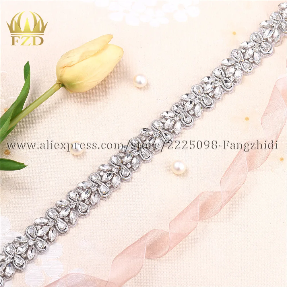 

FZD 1 Yard Handmade Sewing on Rhinestone Trim Crystal Beaded Sash Belt Applique for Woman Wedding Dresses Belts