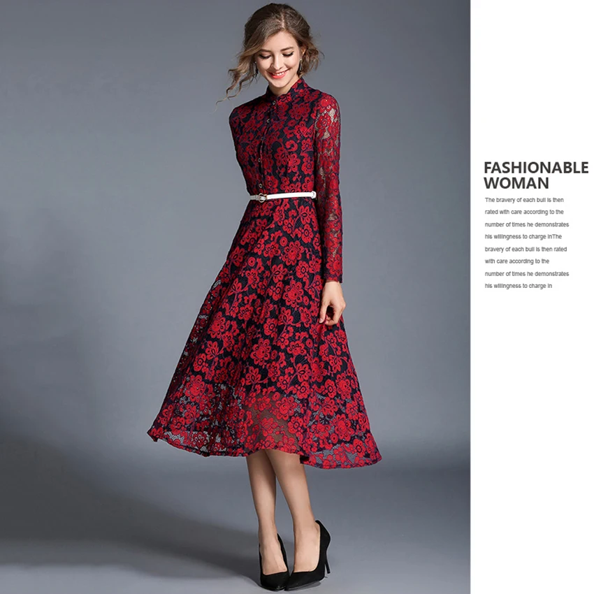 2017 осеннее платье элегантное женское кружевное с длинным рукавом винтажное