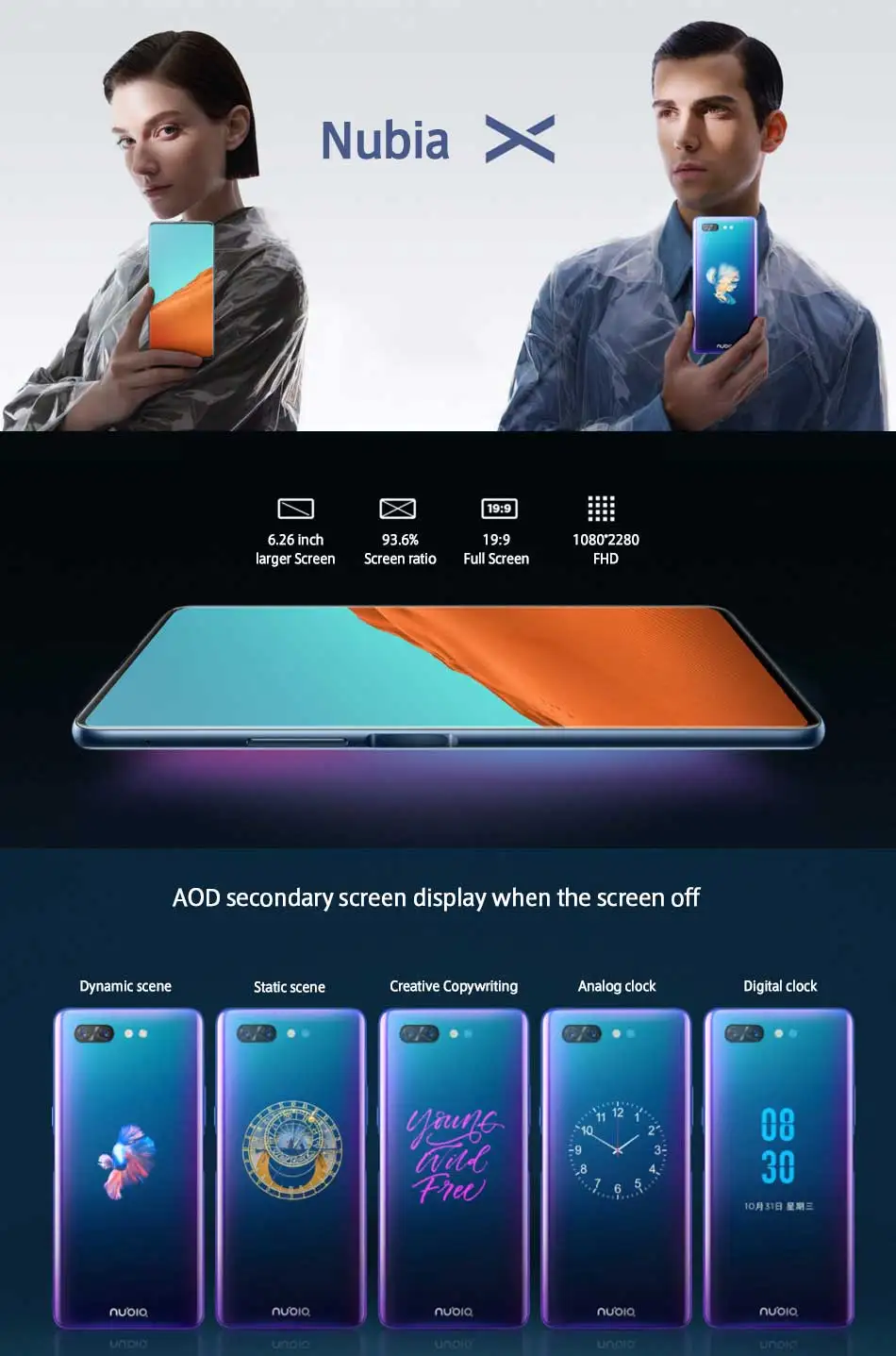 Nubia X 6,2" 6 ГБ/8 ГБ ОЗУ 64 Гб/128 ГБ/256 Гб ПЗУ Восьмиядерный процессор Snapdragon 845 Android 8,1 двойная камера 3800 мАч смартфон