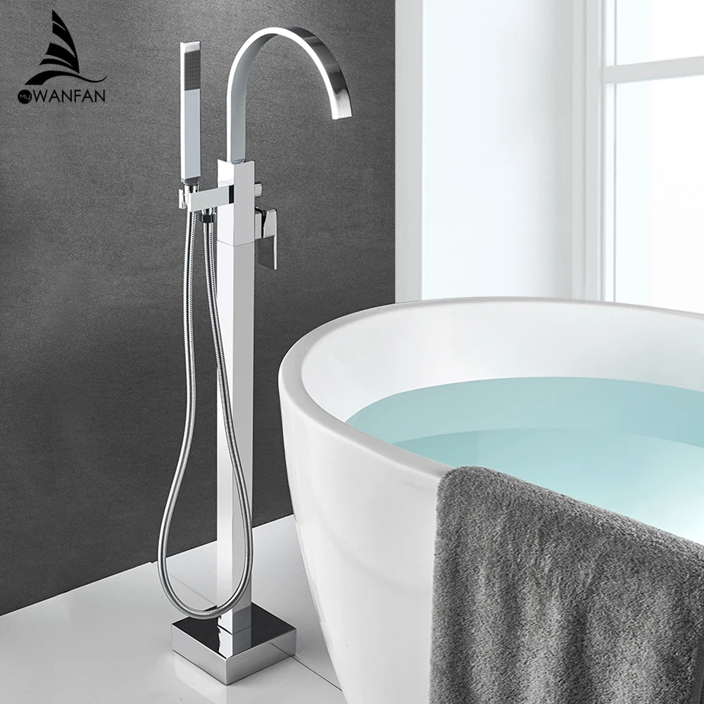 Chrome Bathtub Floor Stand Faucet Mixer Single Handle Tap 360 Rotation Spout With ABS Hand shower Bath Shower 4015 | Обустройство