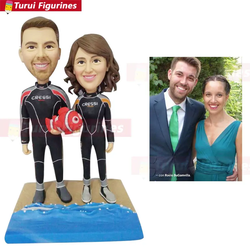 

Couple diver bobblehead doll custimized diver figurine bobble head Goldfish sculptures statues Handmade goods