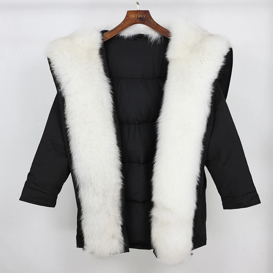 OFTBUY, зимняя куртка для женщин, пальто с натуральным мехом, парка, натуральный большой Лисий мех, воротник с капюшоном, белый утиный пух, куртка, теплая, армейский зеленый, Новинка