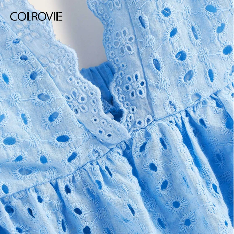 COLROVIE, синий топ с вышивкой, глубоким v-образным вырезом и баской, женская одежда, летняя Корейская футболка с открытой спиной, праздничный жилет