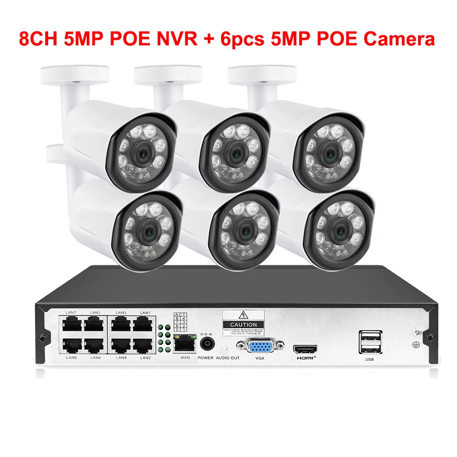 8CH NVR 6 Camera 8CH POE Система 5MP NVR H.265 ночное видение наружная Водонепроницаемая сетевая камера CCTV система безопасности комплект видеонаблюдения 5MP POE IP CAM - Цвет: 8CH NVR 6 Camera