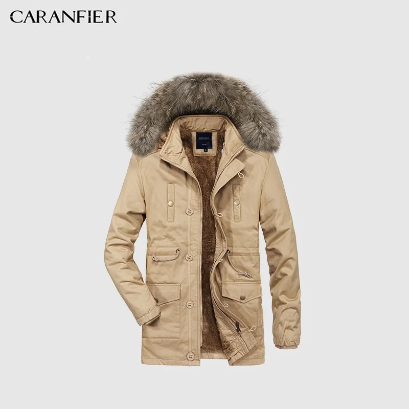 Хаки CARANFIER, мужские зимние парки, с капюшоном, утолщенное, теплое, плюс бархат, пальто, хлопок, мужские одноцветные пальто, мужские куртки, шерсть, галстук, шапка, L-3X - Цвет: Хаки