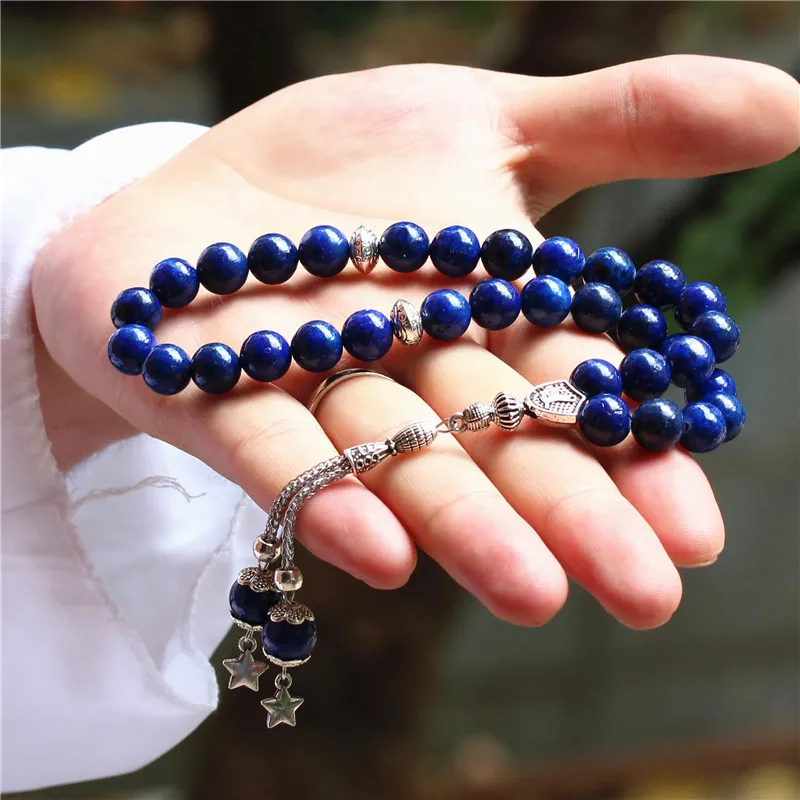 LOSHEREN натуральный Лапис камень лазурит Tasbih 8 мм 10 мм четки 33 мусульманских браслет Плетенный Ислам Misbaha ювелирные изделия - Окраска металла: 10MM
