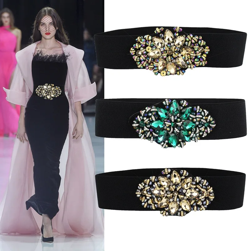 Rhinestone Elastic Belt luxury full crystal gem black female waistband fur coats down generation womens dress belts SD29