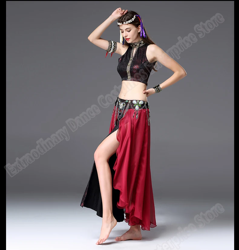 New Women Gypsy Top Belly Dance ATS Tribal Costume Suit Set Bra Top Skirt Bead Gypsy Dress Stage Performance Tribal