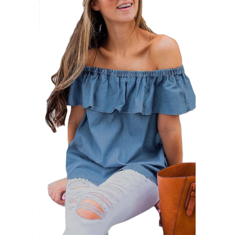 2017 модная женская рубашка с открытыми плечами джинсовая без рукавов