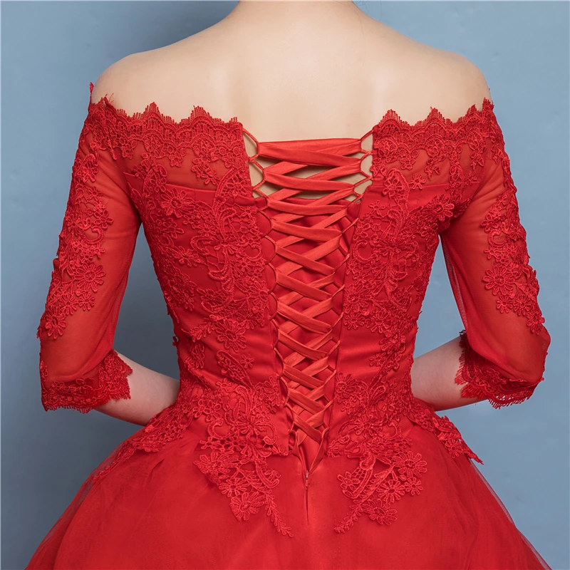 

Fashion Red Lace Applique Wedding dresses 2018 Plus Size Ball Gown Half Sleeve Lace Up Floor-length Sexy Boat Neck Illusion