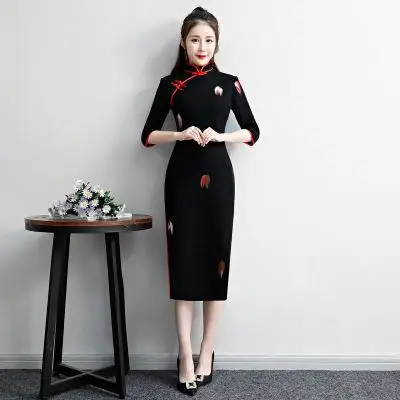 Зимние женские шерстяные тонкие Cheongsam 4 цвета китайские винтажные Qipao элегантные женские повседневные платья Мандарин Воротник Vestidos - Цвет: Черный