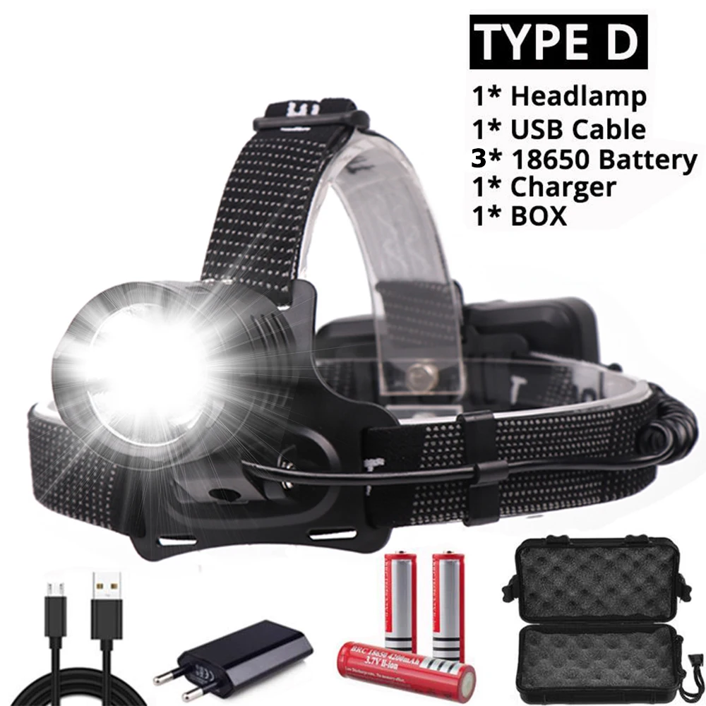 Package D Мощный светодиодный налобный фонарь XHP70 с подзарядкой от USB, водонепроницаемый Головной фонарь, регулируемый головной фонарь, яркий фонарь - Испускаемый цвет: Package D