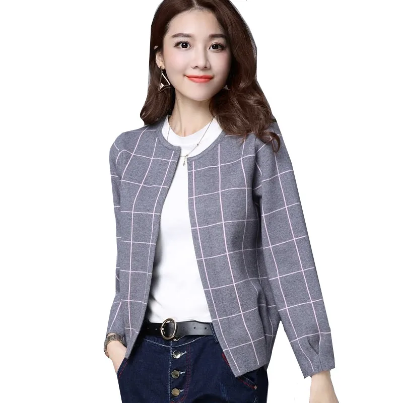 

Spring Autumn Women's Knitwear Cardigan Korean Loose O neck Long-sleeve Knit Plaid Cardigan All-match Casual Female Sweater Coat