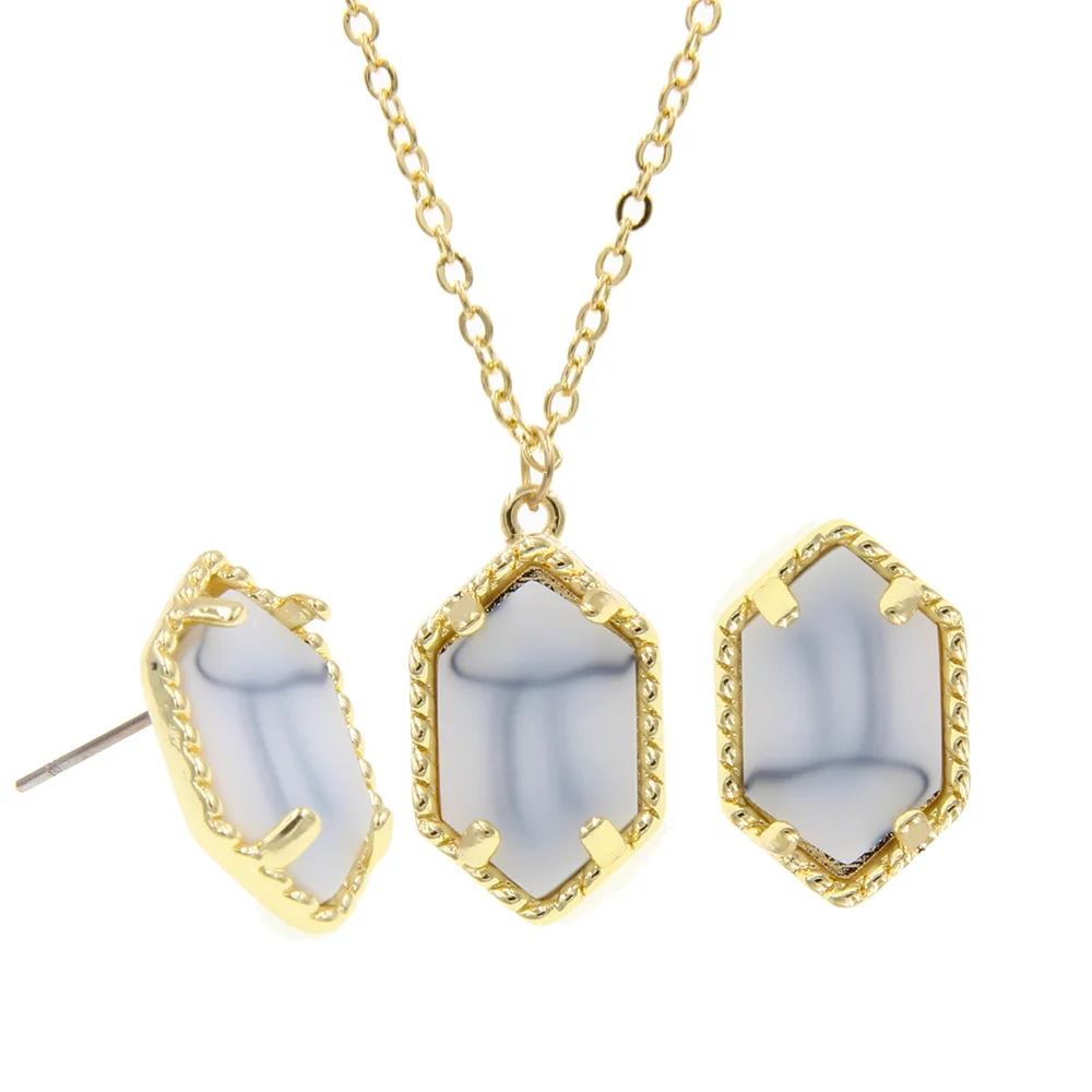 

Gold Color Small Iridescent Drusy Pendant Necklace With Stud Earrings Chic Jewelry Sets