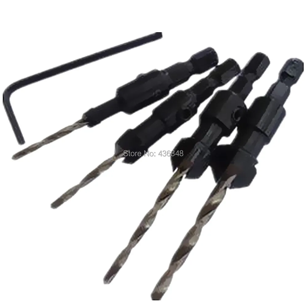 4pc Woodworking Countersink Bit Tapered Point Drill Hole Reamer 1/4&quot Hex Shank #6 #10 #13 #16 Pilots Adjustable Counter Sink |