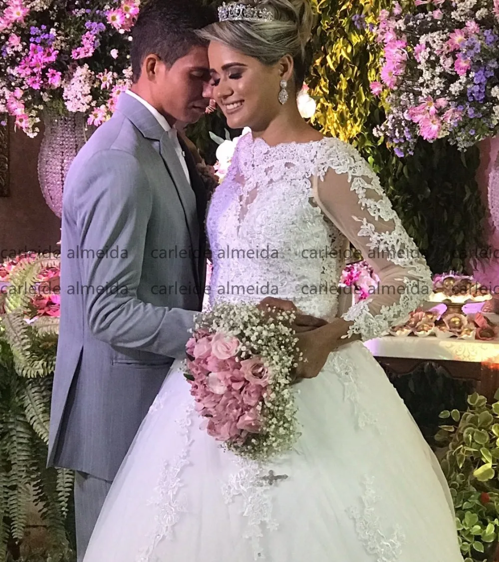 Vestido de noiva одежда с длинным рукавом бальное платье свадебное кружевом жемчугом