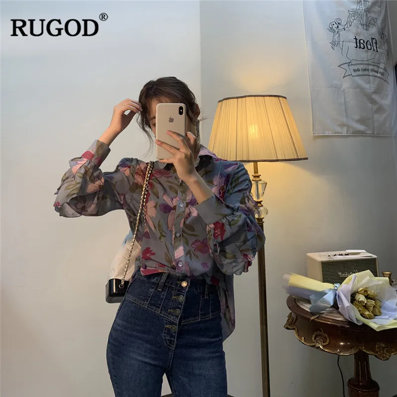RUGOD/женские рубашки с цветочным принтом элегантные свободные рукавами в форме