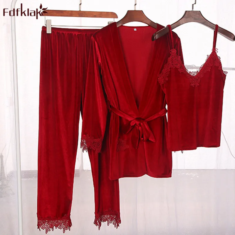 

Fdfklak Sexy 3 pieces pajamas women winter pyjamas set gold velvet warm sleep clothes women's nightwear pijama pyjama femme