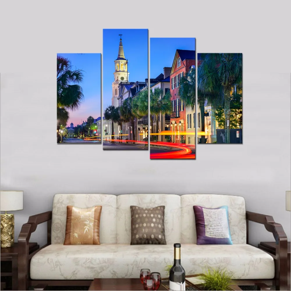 Городской пейзаж ночной уличный современные Жикле Холст принты современный