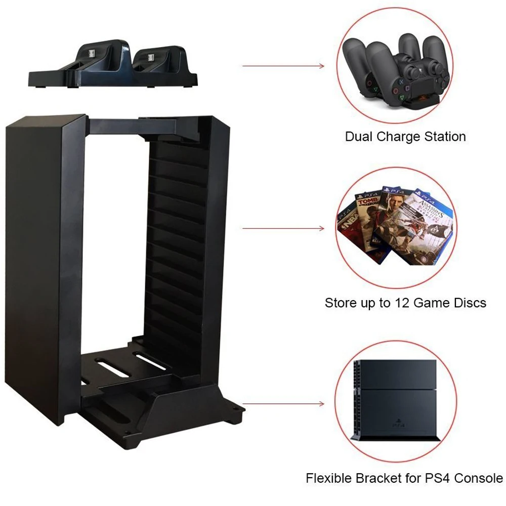 Зарядное устройство для PS4 Tower с 12 игровыми дисками Blue ray и двойным зарядным