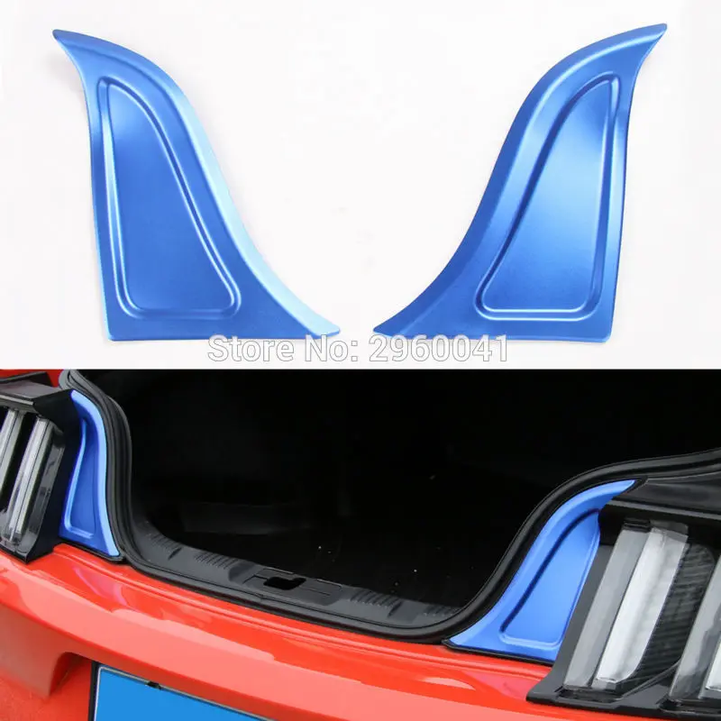 

2Pcs Blue Car Interior Rear Tail Trunk Box Triangle Sequins Insert Trim Protect Cover Sticker For Ford Mustang 2015 2016 2017