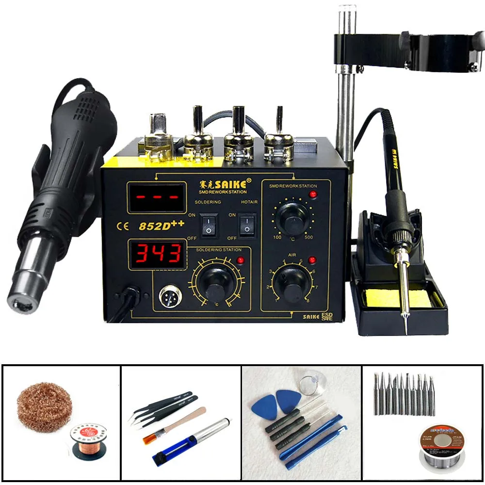 Package 1 SAIKE 852D++ электрическая паяльная станция, фена 2в1, сварочный комплект, стандартная паяльная станция с подачей, стойка для пневматического пистолета - Цвет: Package 1