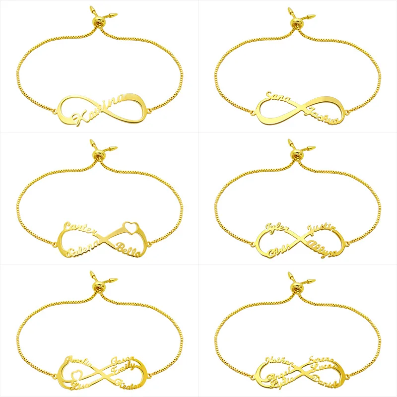 

Wholesale Infinity Name Bracelet Gold-Color Custom Jewelry Personalized Heart Infinity Nameplate Charm Bracelet