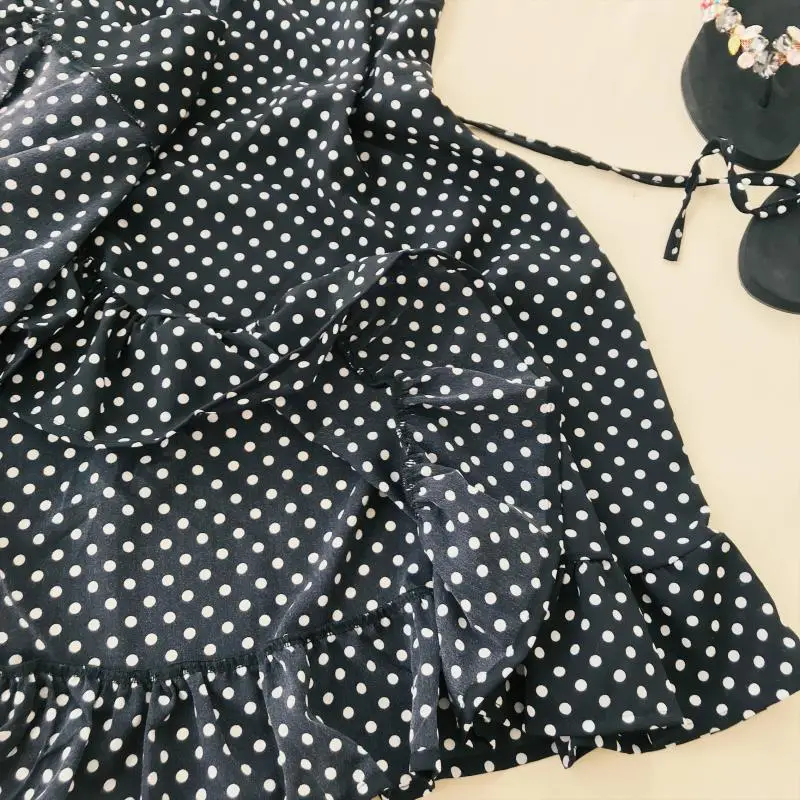 ALPHALMODA Summer Women Ruffled V-collar Sleeveless Sling Dress Popular Polka Dot Prints Irregular Ruffled Holiday Vestidos