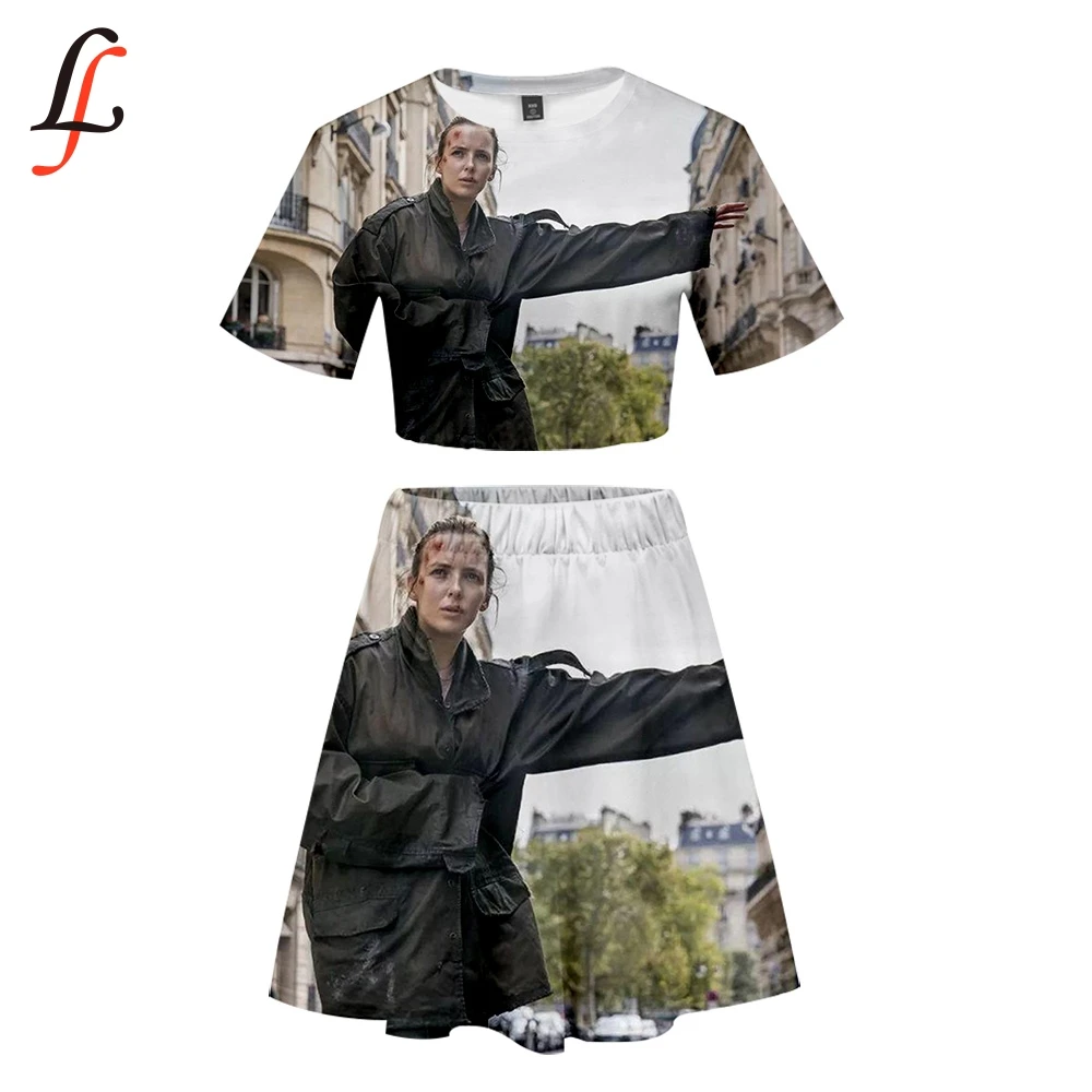 Killing Eve TV Sexy Lady Beach 2 Piece Sets K Pop Party Dress Set Crop Top Harajuku and Short Skirt Modis Girl Summer | Женская одежда