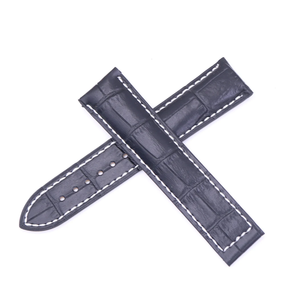Rolamy 20 22mm Wholesale Black With white Stitches High Quality Genuine Leather Replacement Watch Band Strap Belt For Omega