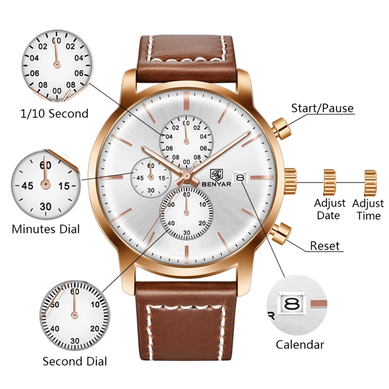 

BENYAR Men's Watches Top Brand Luxury Quartz Gold Sports Military Chronograph Business Clock Wrist Watch Men Relogio Masculino