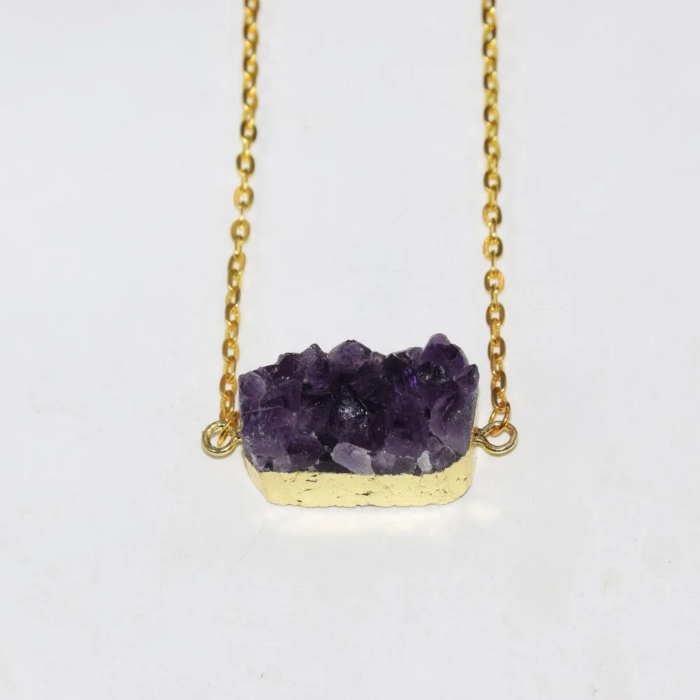 

Новинка 2019, темно-фиолетовые необработанные жеоды, druzy amethysts, прямоугольный разъем, ожерелье, кристалл, кварц, druzy, длинное каменное ожерелье ...