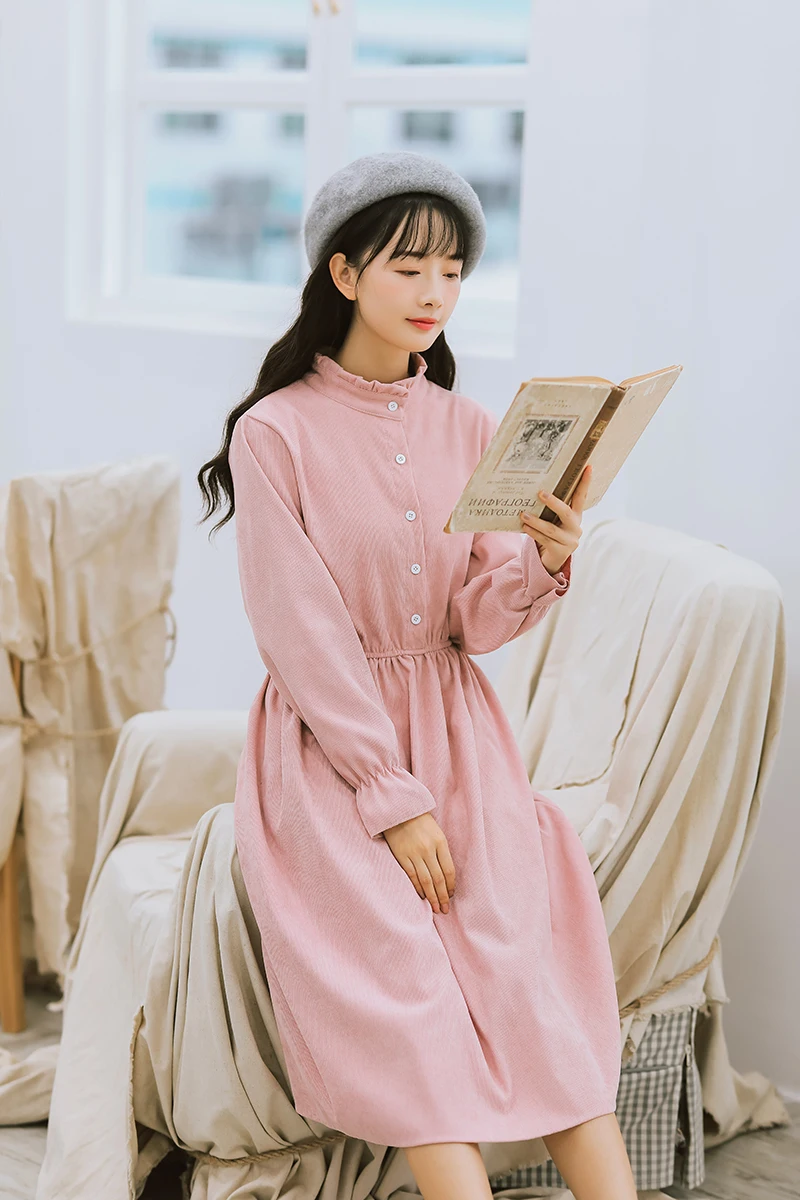 Japan Style Mori Girl Dress 2018 New Autumn Winter Women Ruffled Collar Long Sleeve Corduroy Dresses Khaki Pink Vintage Vestidos | Женская