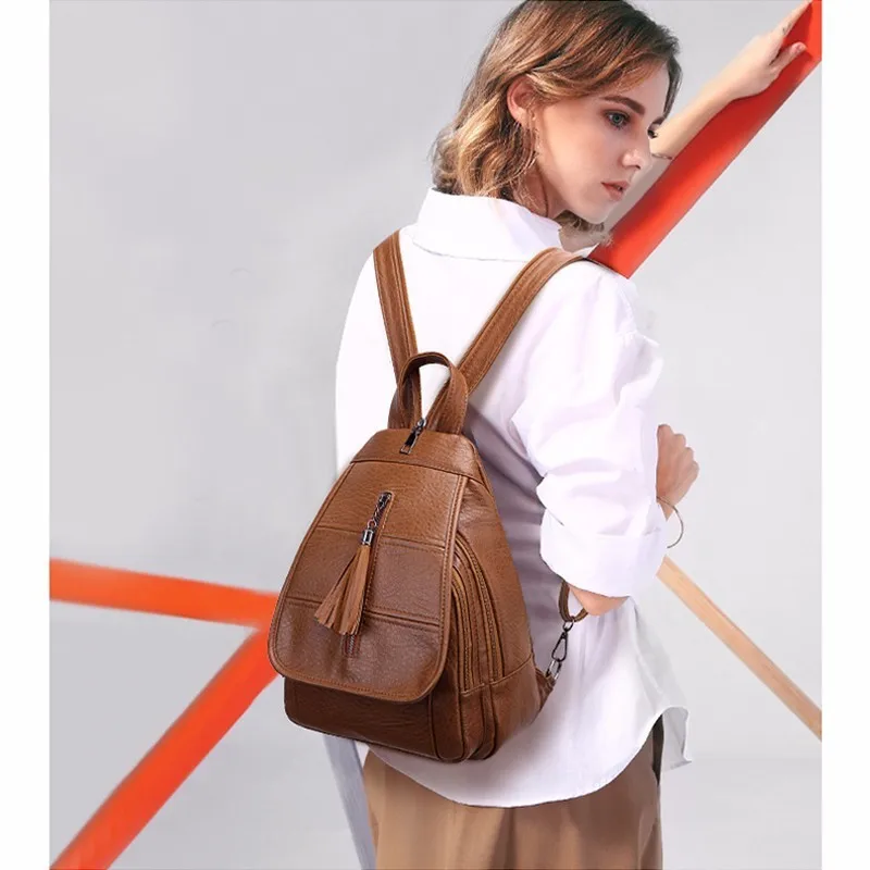 Женский кожаный рюкзак Mochila Feminina винтажный повседневный с кисточками для девочек