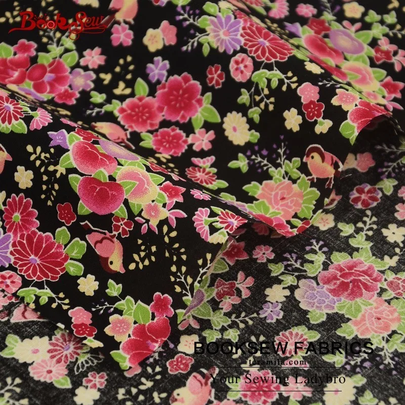 Booksew 100% хлопок поплин Ткань мягкие Вышивание черный Жир Квартал цветок и птица