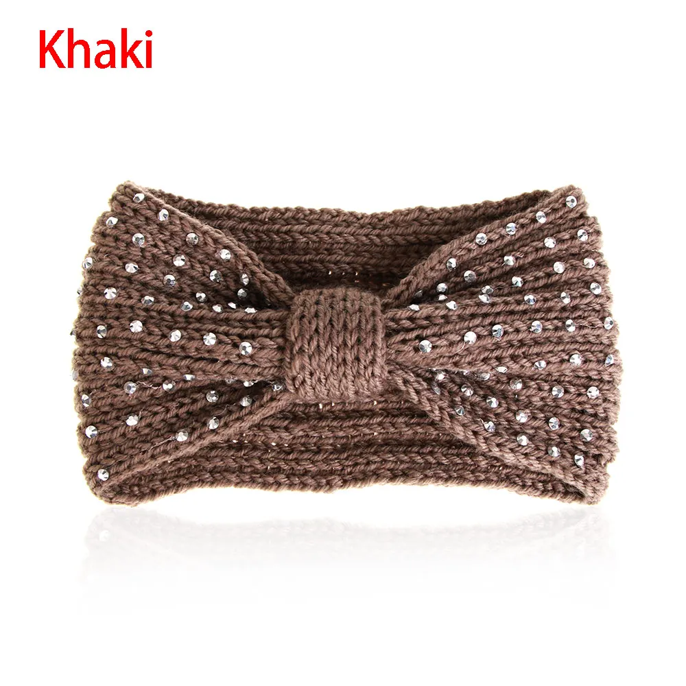 khaki 1 шт. зимние теплые уши крючком вязанная повязка бант Стразы головные уборы с бисером для женщин девочек Тюрбан повязка на голову обруч аксессуары для волос - Цвет: khaki